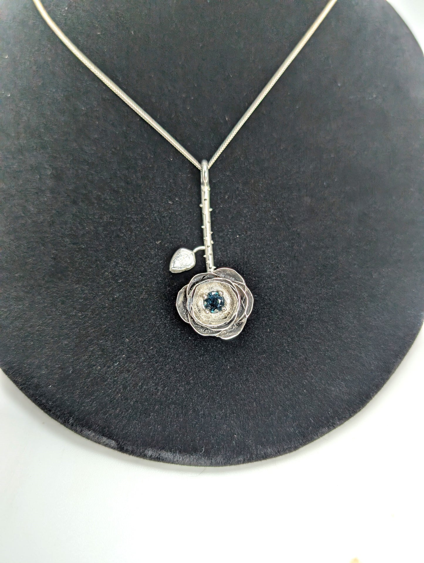 .925 Silver Rose Pendant with 2-Carat Blue-Green Australian Sapphire