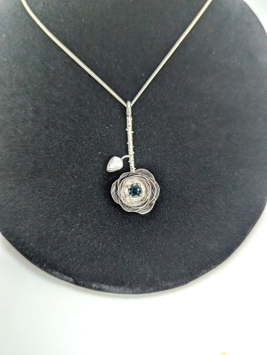 .925 Silver Rose Pendant with 2-Carat Blue-Green Australian Sapphire