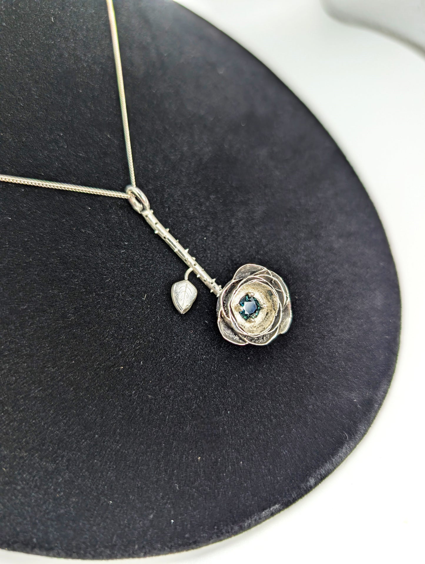 .925 Silver Rose Pendant with 2-Carat Blue-Green Australian Sapphire