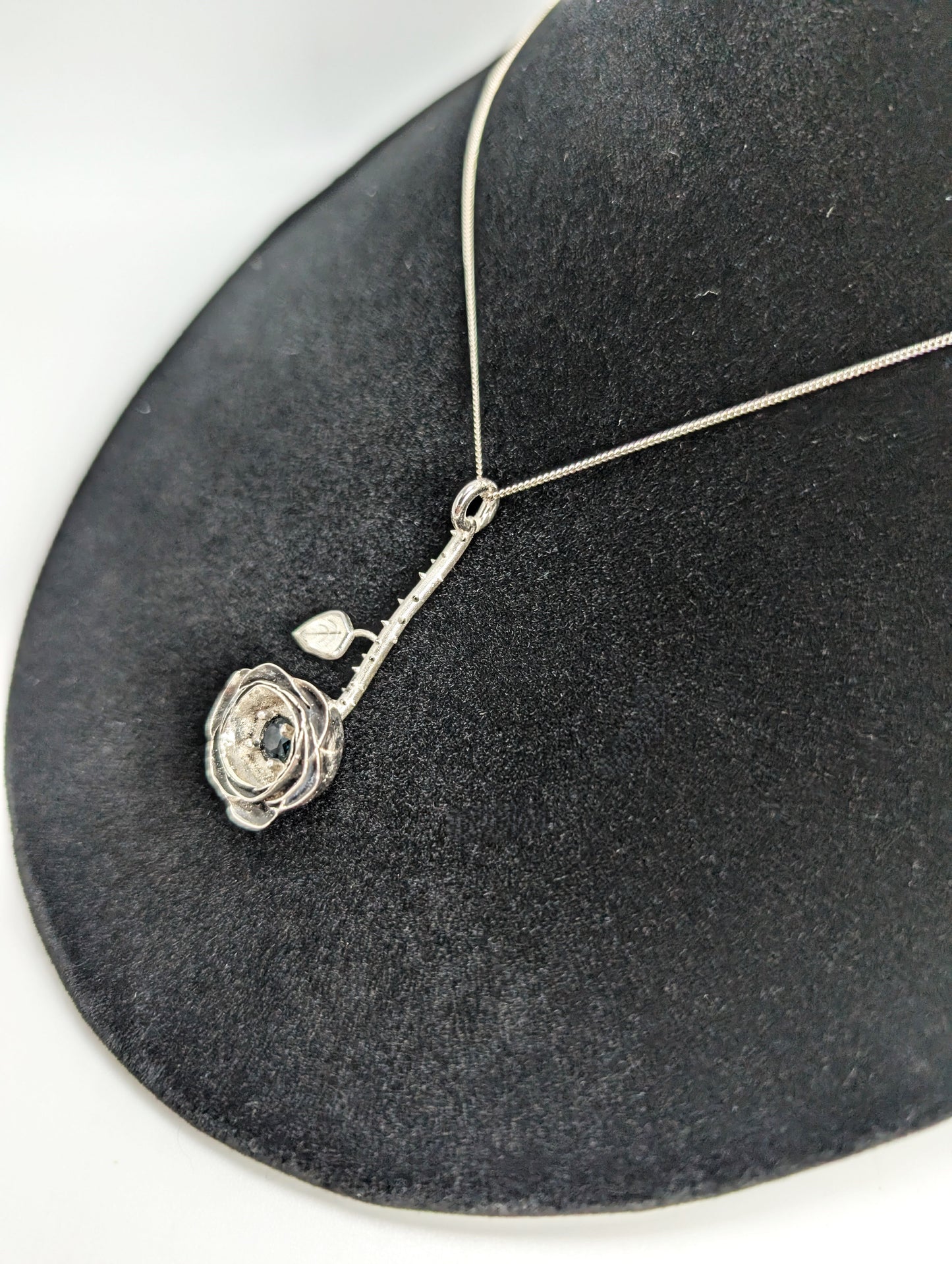 .925 Silver Rose Pendant with 2-Carat Blue-Green Australian Sapphire