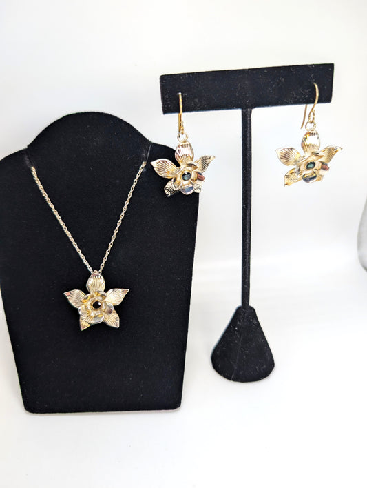 .925 Silver Colorado Columbine Flower Earrings and Pendant with Sapphires