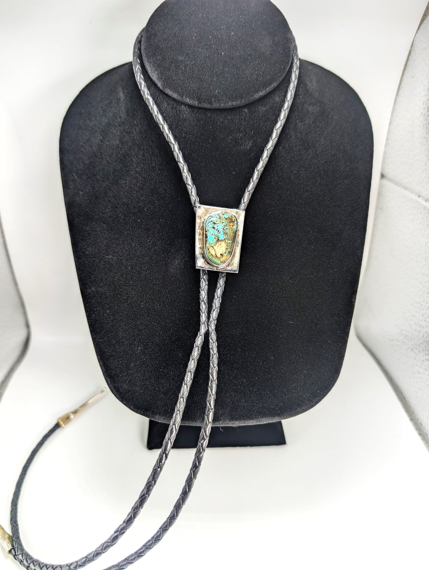 Bolo Tie Cripple Creek Colorado Turquoise .925 Silver, Braided Leather
