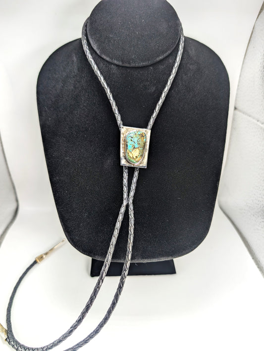 Bolo Tie Cripple Creek Colorado Turquoise .925 Silver, Braided Leather