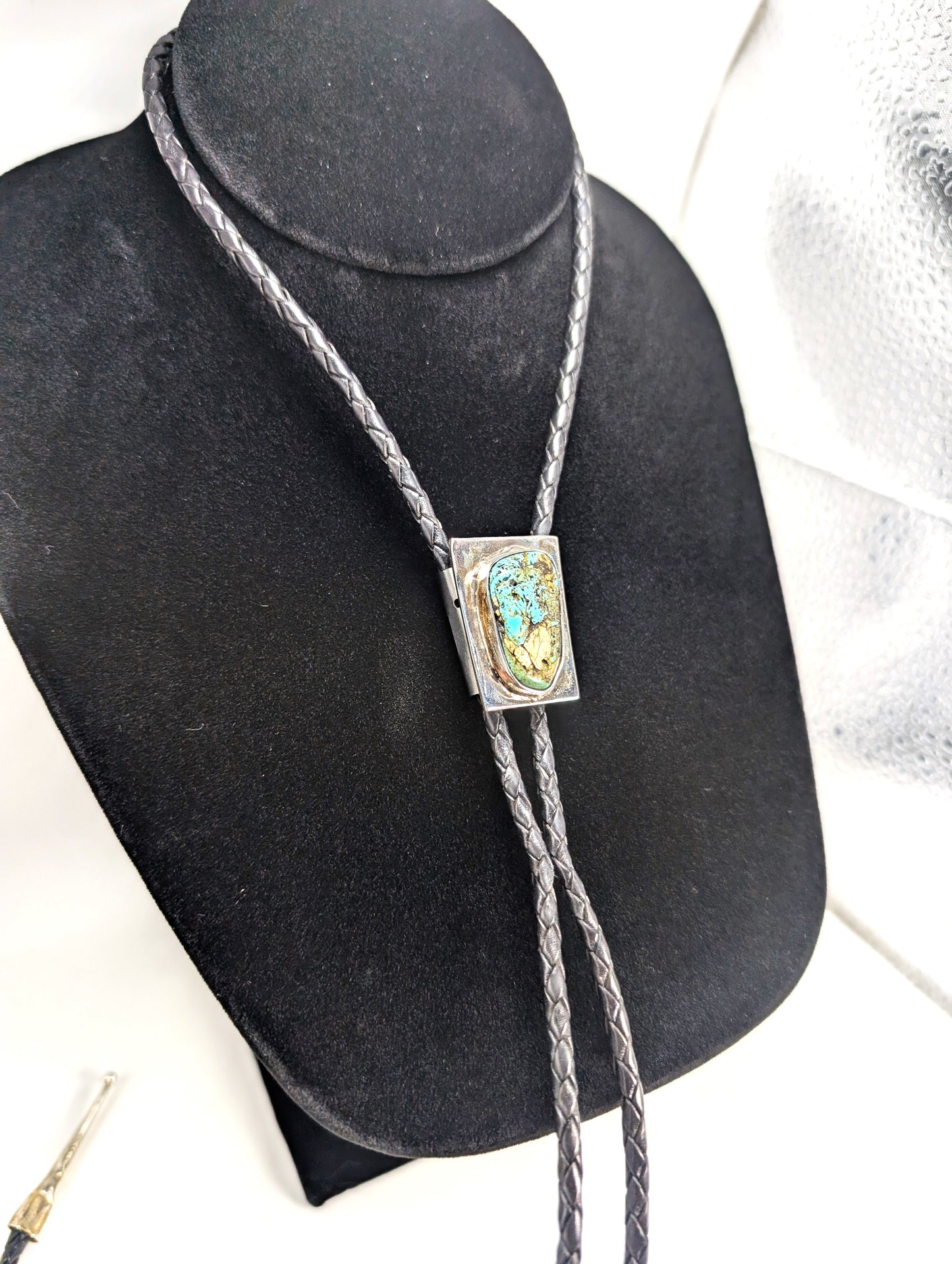 Bolo Tie Cripple Creek Colorado Turquoise .925 Silver, Braided Leather