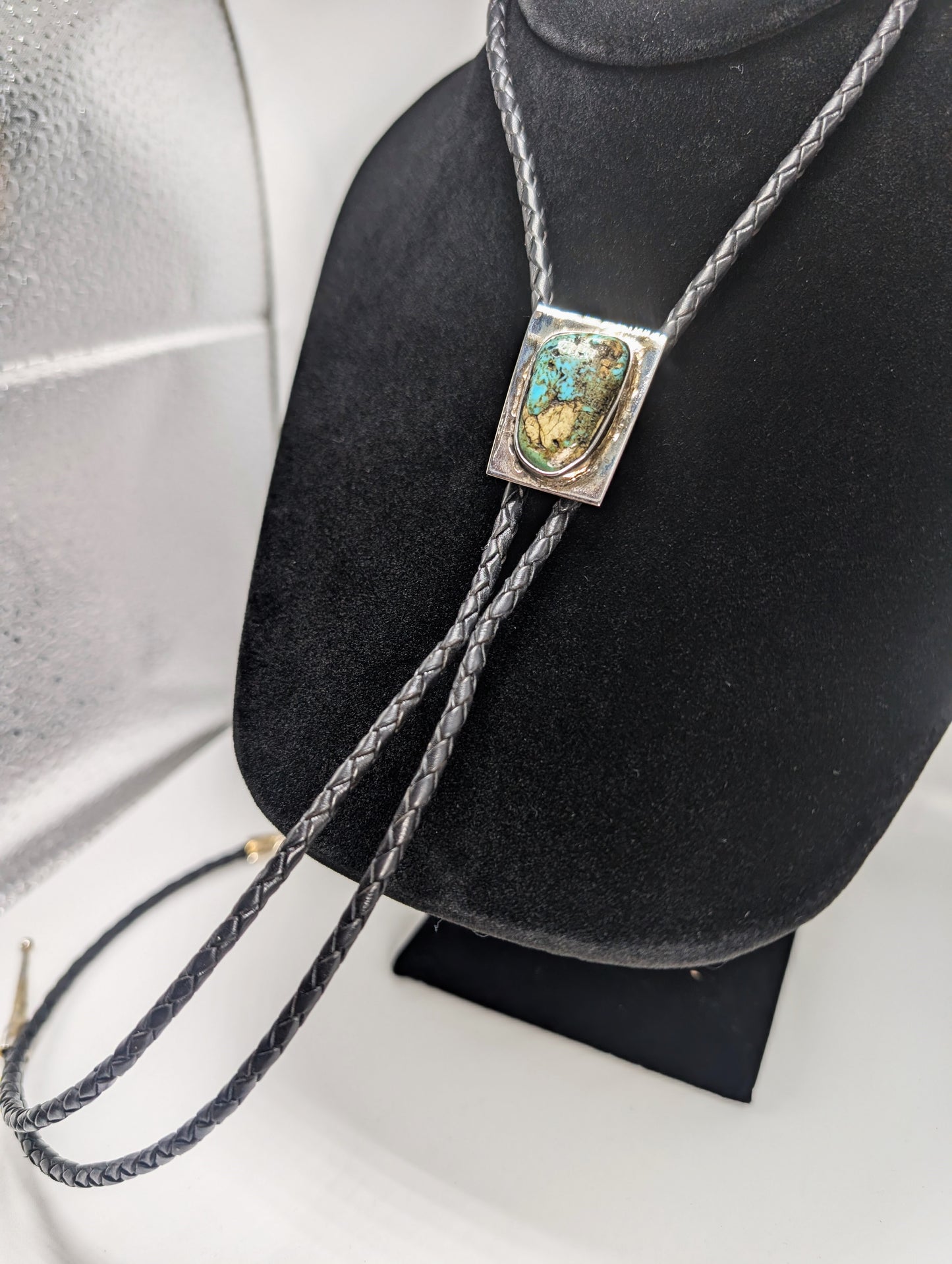 Bolo Tie Cripple Creek Colorado Turquoise .925 Silver, Braided Leather