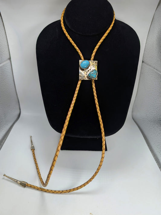 Bolo Tie Leadville Colorado Turquoise/ Sleeping Beauty Turquoise .925 Silver, Braided Leather