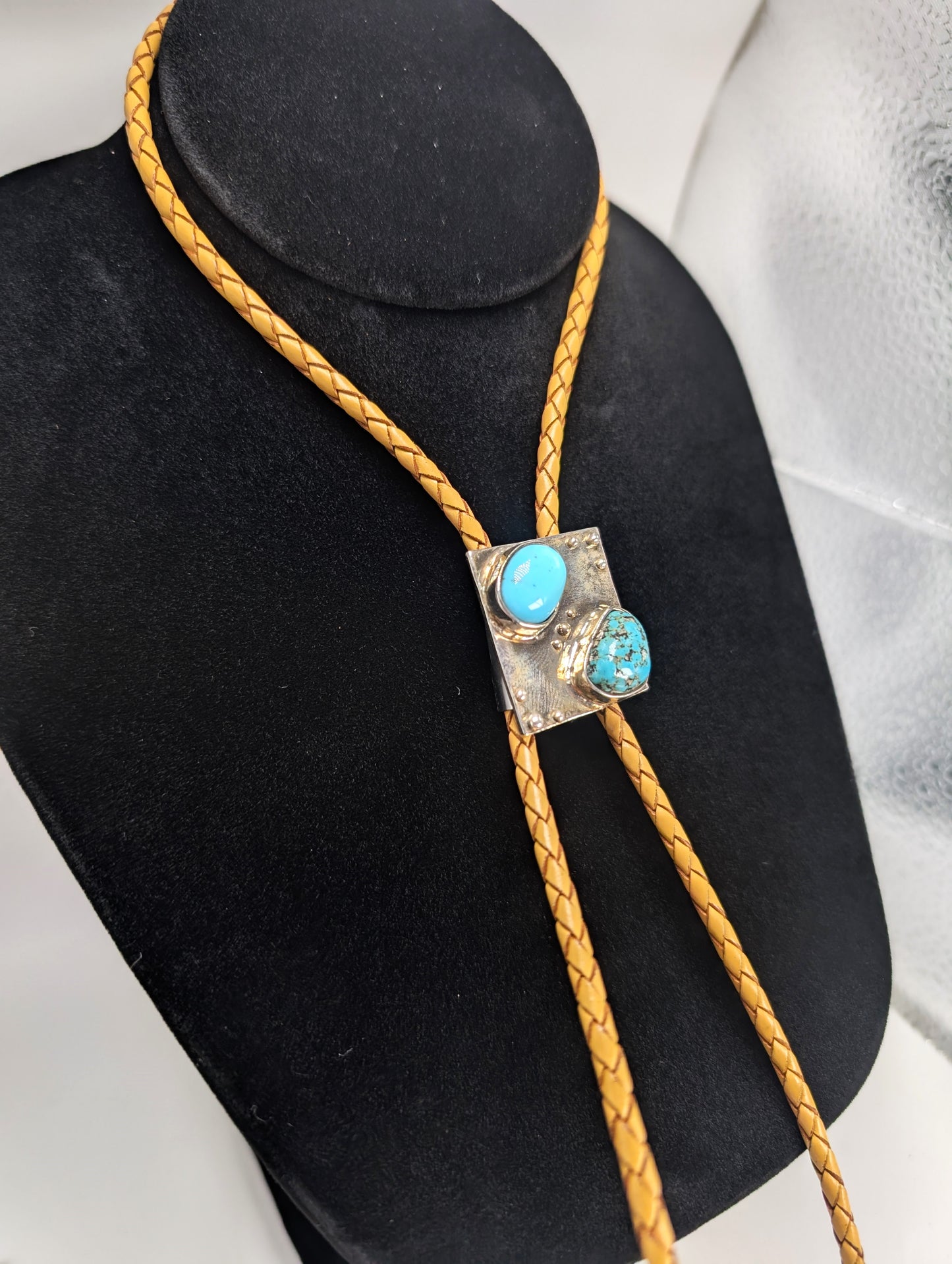 Bolo Tie Leadville Colorado Turquoise/ Sleeping Beauty Turquoise .925 Silver, Braided Leather