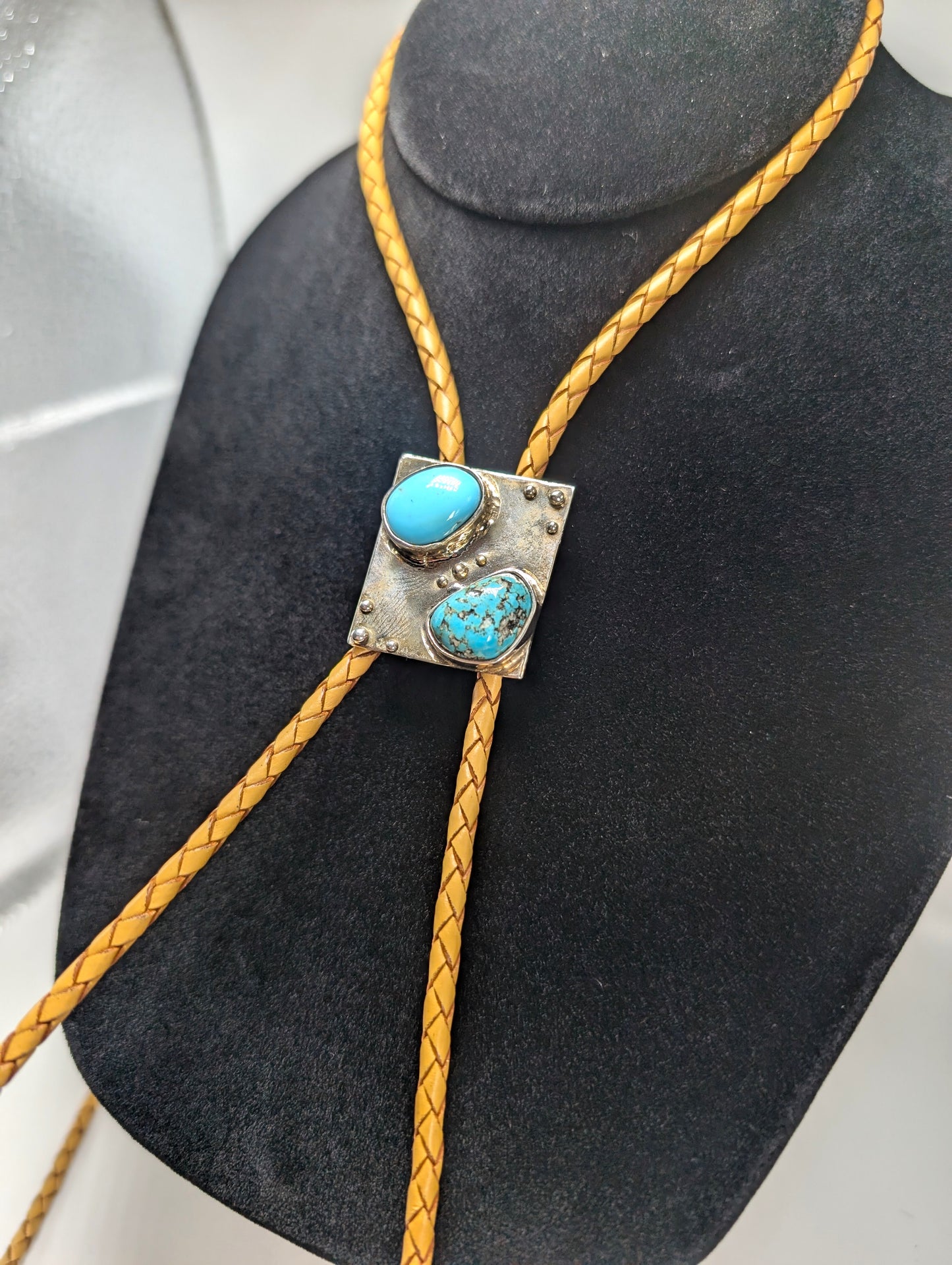Bolo Tie Leadville Colorado Turquoise/ Sleeping Beauty Turquoise .925 Silver, Braided Leather