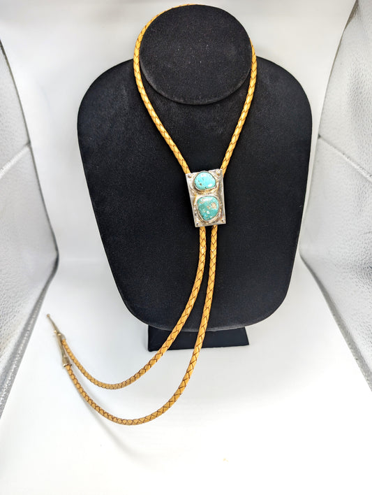Bolo Tie Cripple Creek/ Leadville Colorado Turquoise .925 Silver, Braided Leather