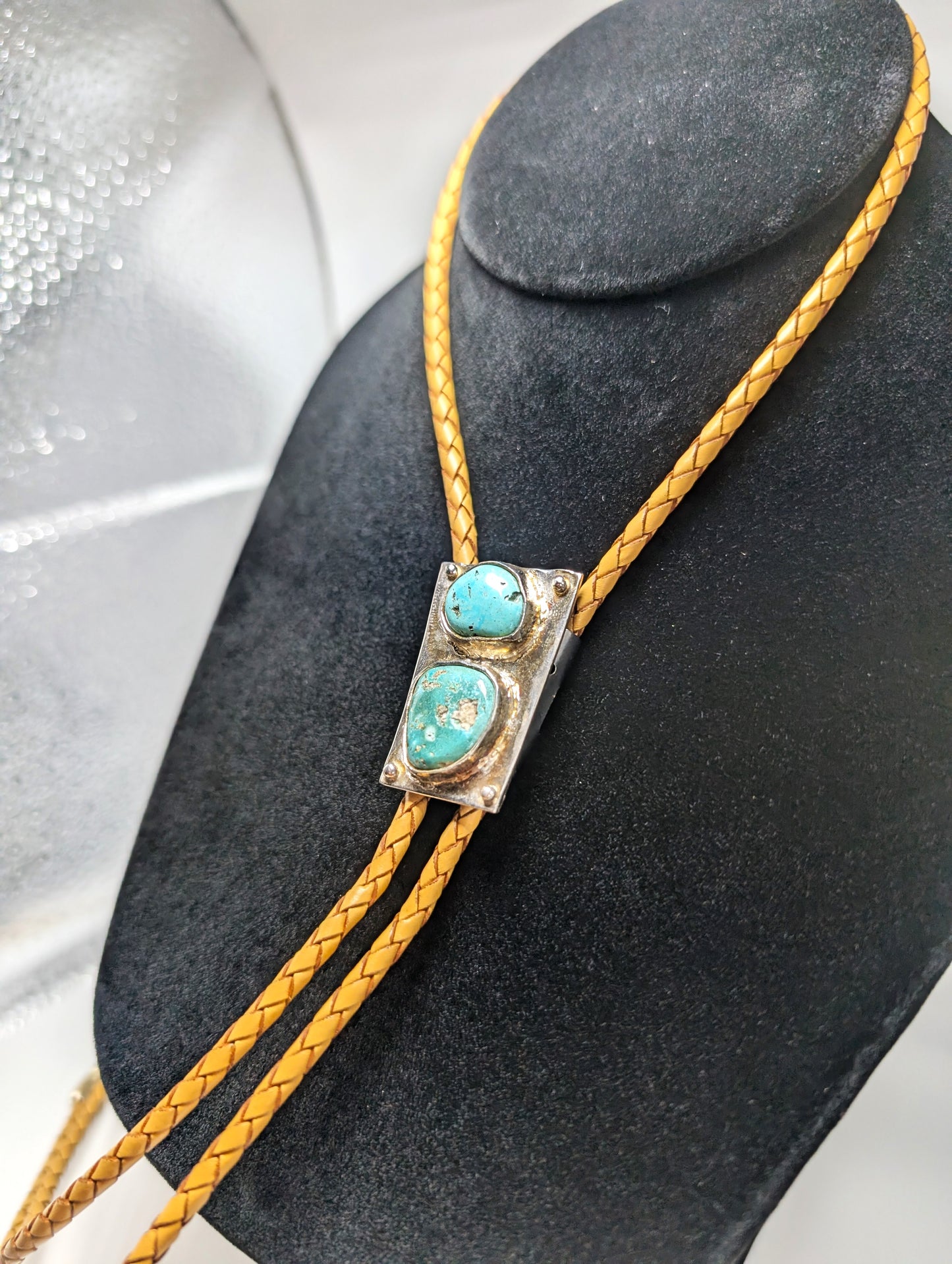 Bolo Tie Cripple Creek/ Leadville Colorado Turquoise .925 Silver, Braided Leather