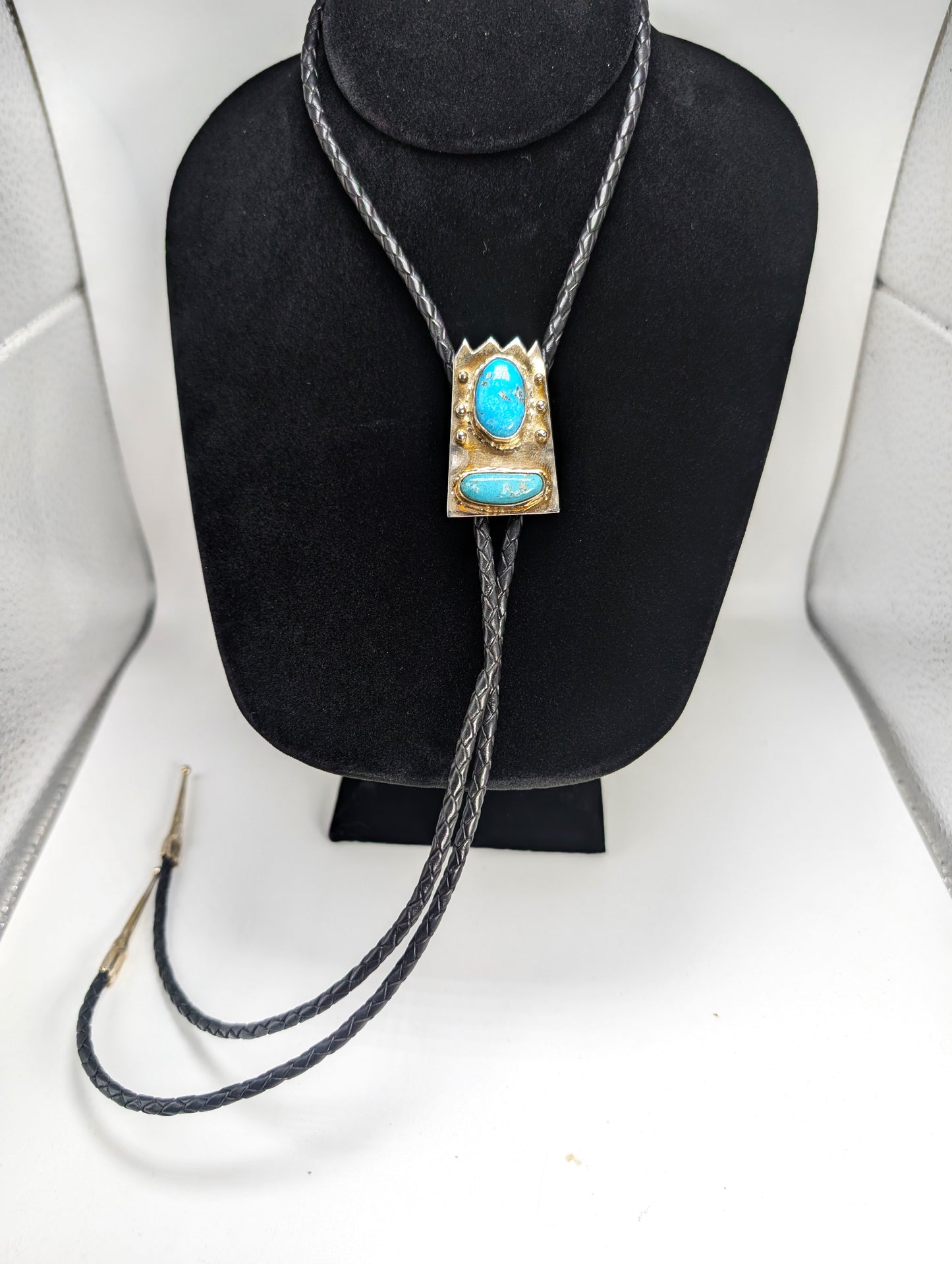 Bolo Tie Leadville Colorado Turquoise .925 Silver, Braided Leather