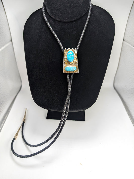 Bolo Tie Leadville Colorado Turquoise .925 Silver, Braided Leather