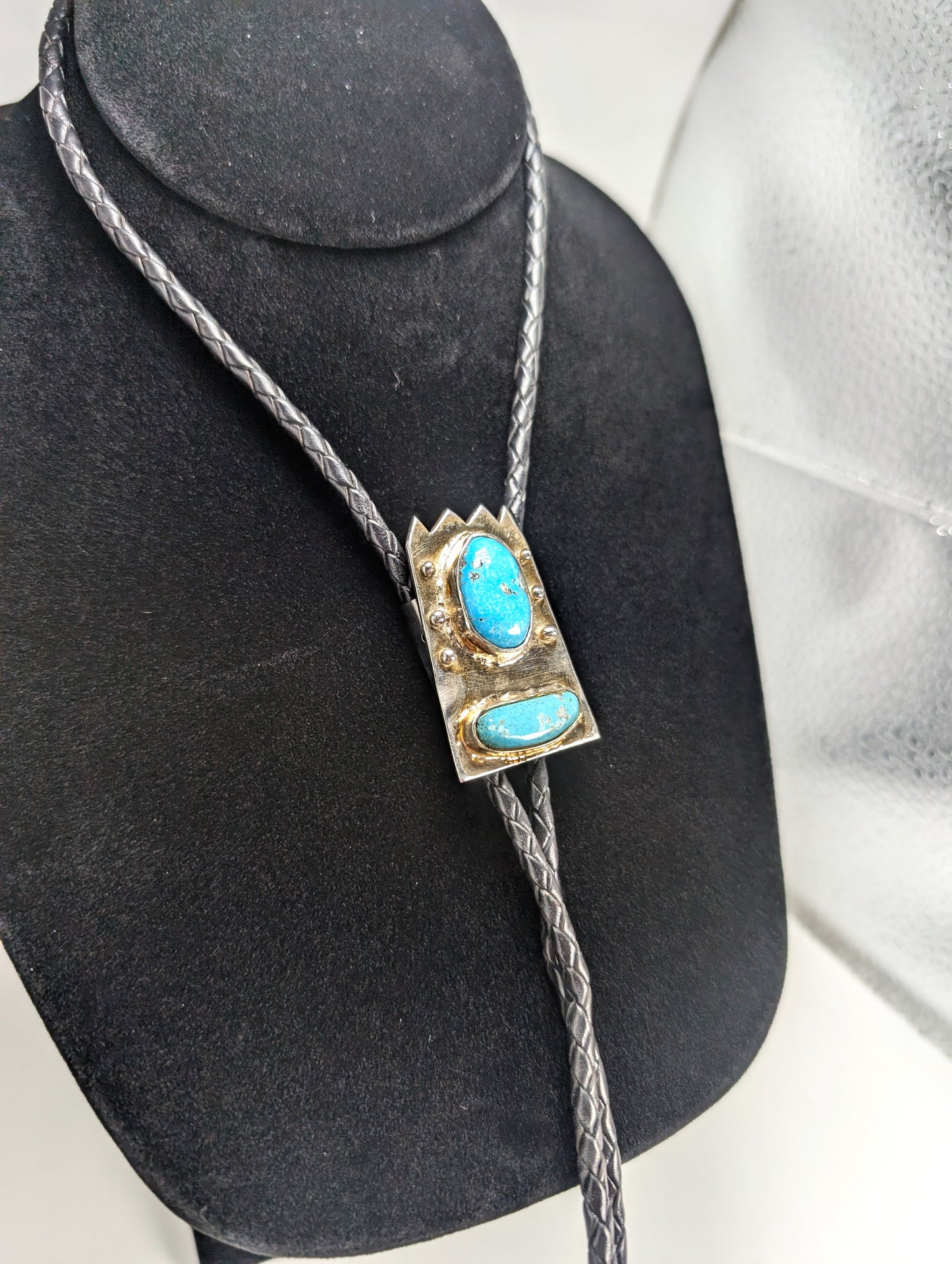 Bolo Tie Leadville Colorado Turquoise .925 Silver, Braided Leather