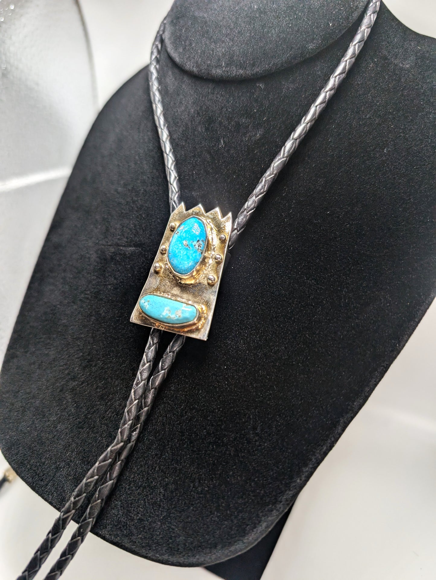 Bolo Tie Leadville Colorado Turquoise .925 Silver, Braided Leather