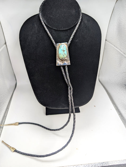 Mountain Range Bolo Tie Cripple Creek Colorado Turquoise .925 Silver, Braided Leather