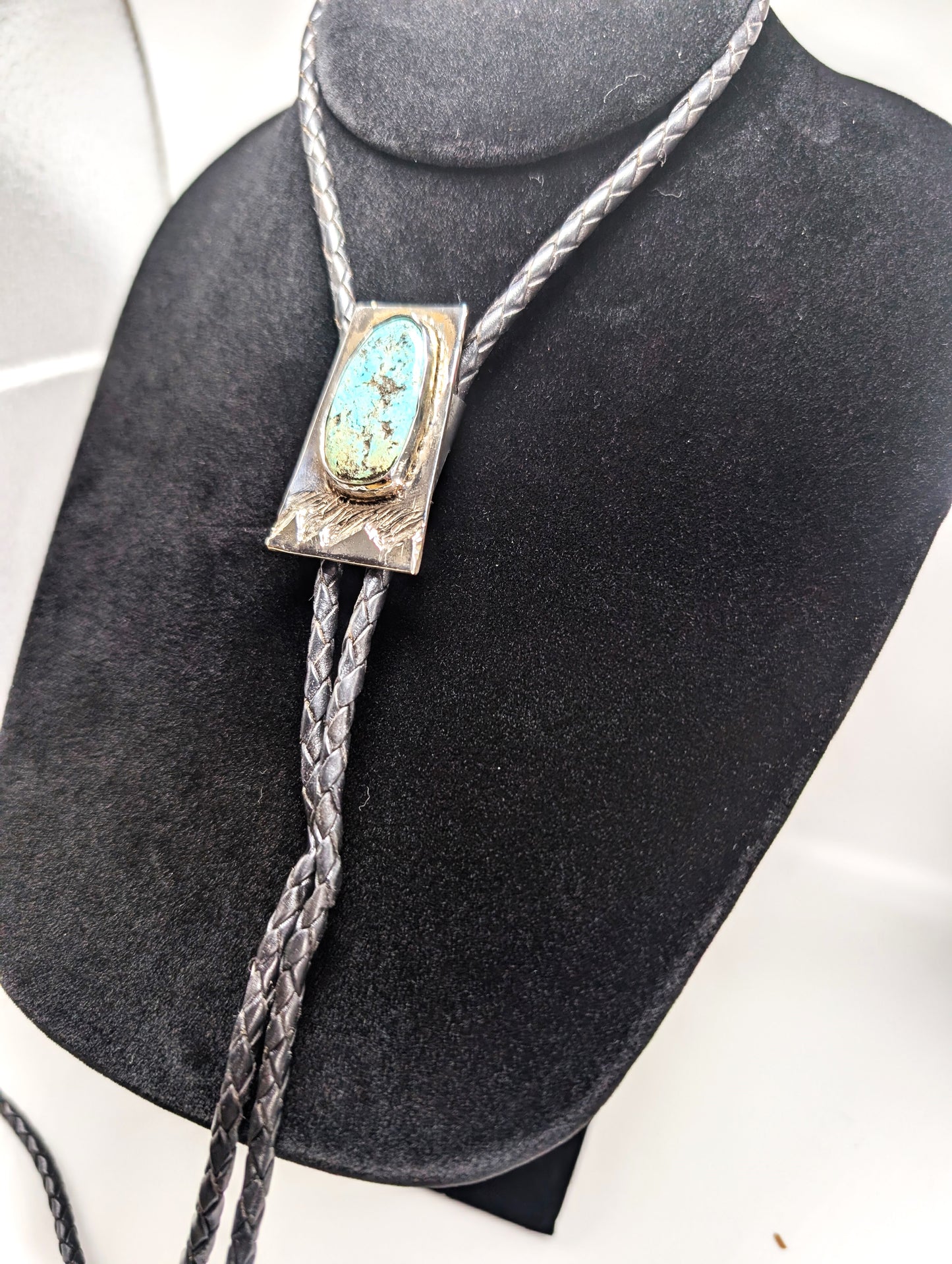 Mountain Range Bolo Tie Cripple Creek Colorado Turquoise .925 Silver, Braided Leather