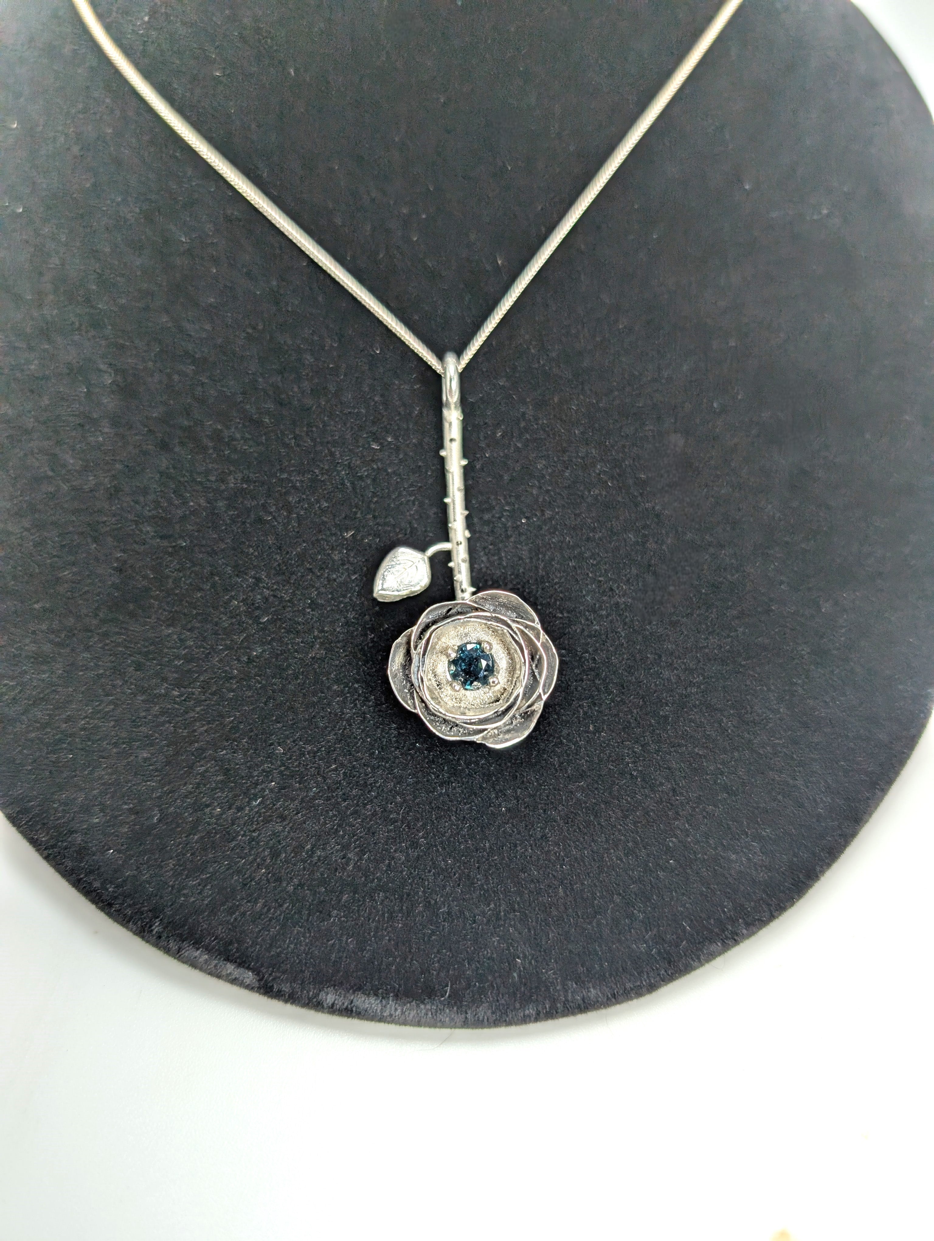 .925 Silver Rose Pendant with 2-Carat Blue-Green Australian Sapphire