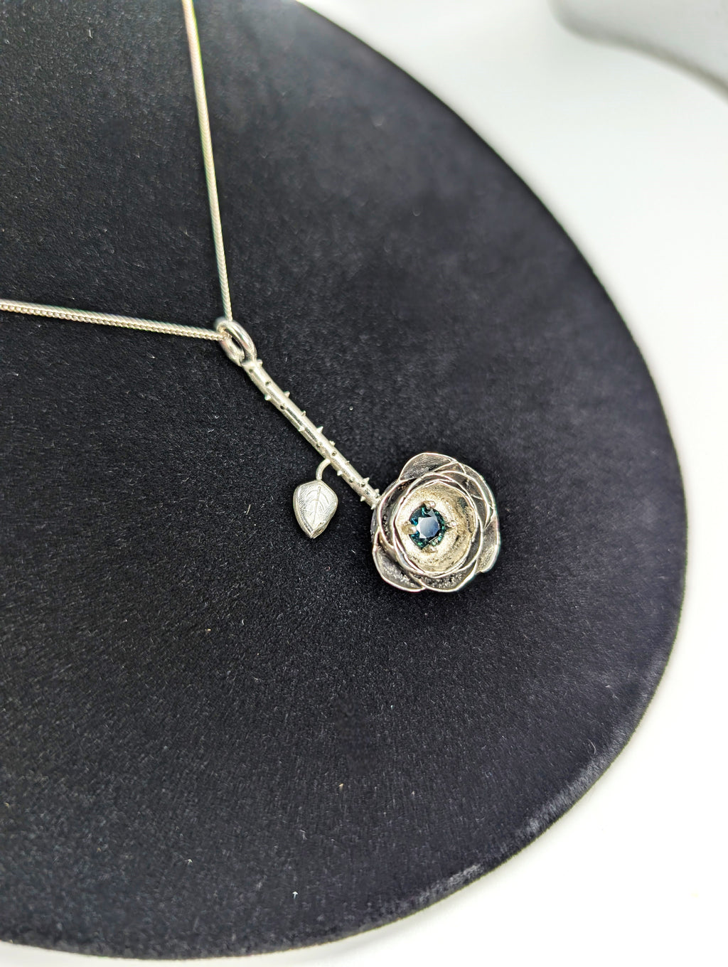 .925 Silver Rose Pendant with 2-Carat Blue-Green Australian Sapphire