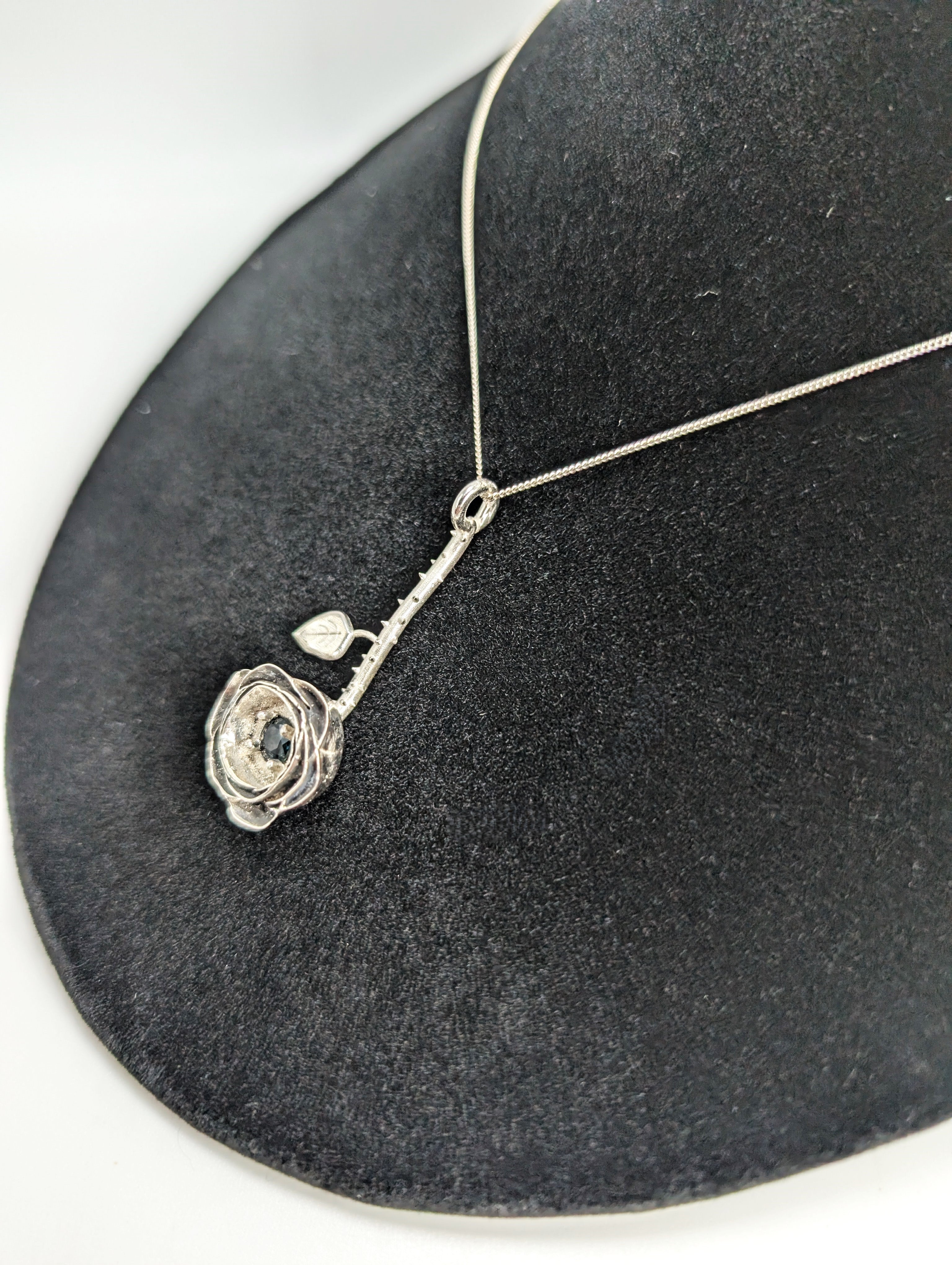 .925 Silver Rose Pendant with 2-Carat Blue-Green Australian Sapphire